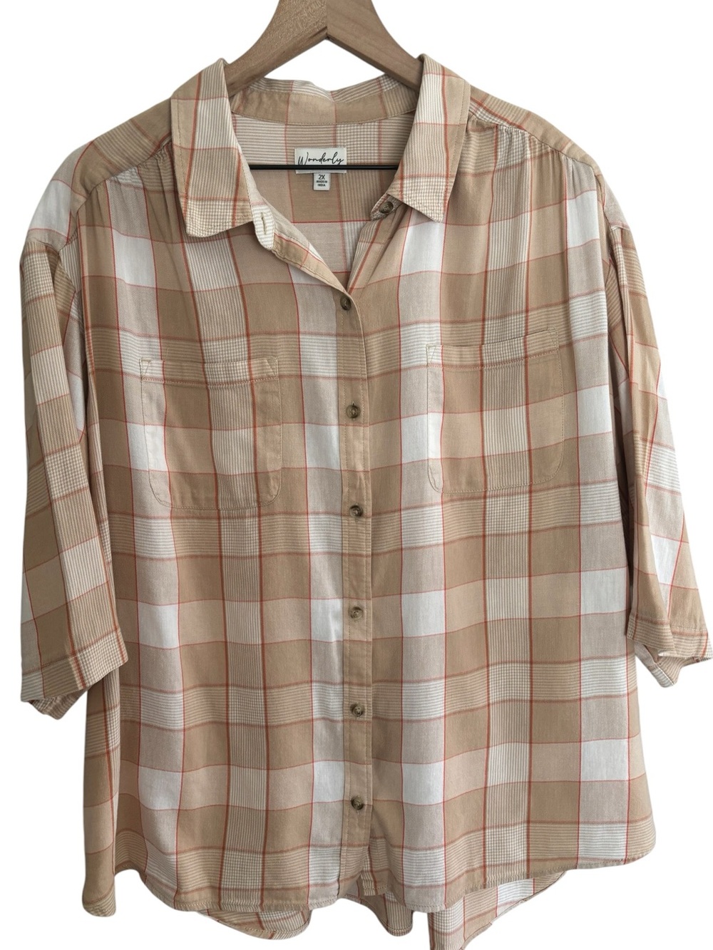 Wonderly Plaid Button Front Shirt 2X Beige Cotton Modal Casual Grandmacore